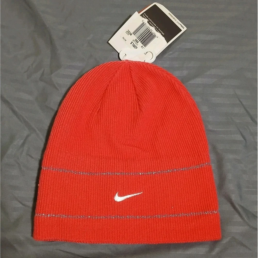 New - Nike Therma-Fit Beanie Girl's Youth Pink Silver Winter Hat‎ Running Cap